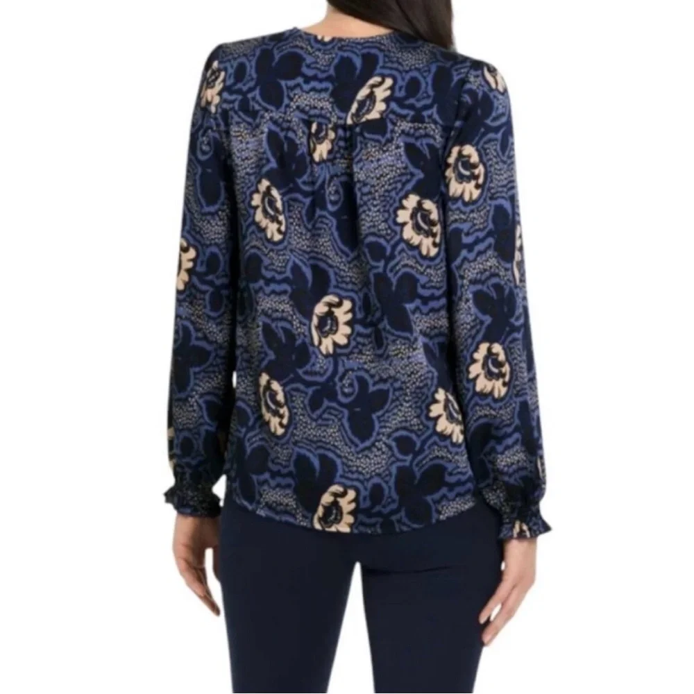Ted Baker Navy Blue Floral Long-Sleeve Blouse with Keyhole Neckline - Picture 3 of 8